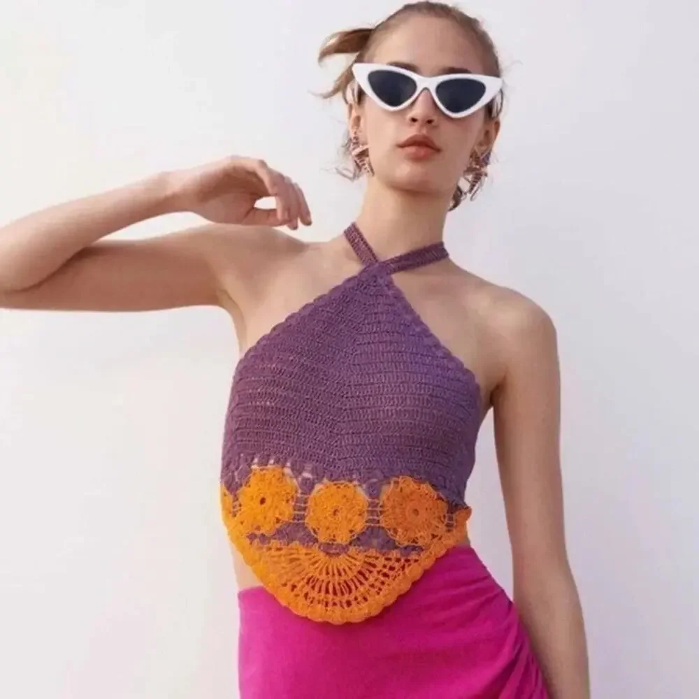NWT ZARA Crochet Knit Halter Top Size Medium Purple Orange - Picture 2 of 7